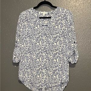 Elegant Paisley Women's Blouse - Navy and White